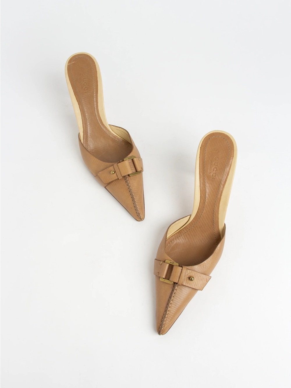 Gucci Brown Pointed Leather Mule Heels with Buckle - Picture 3 of 5
